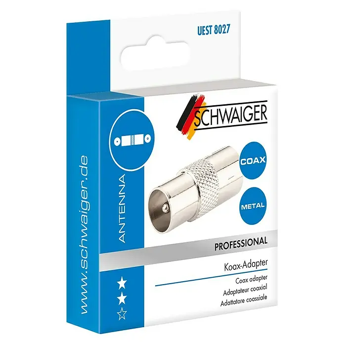 Schwaiger Koax-Adapter - IEC-Stecker, IEC-Buchse, Metall, Vernickelt, 1 Stk. - Produktverpackung für einen Koax-Adapter von Schwaiger, ein professionelles Metallantennenprodukt.