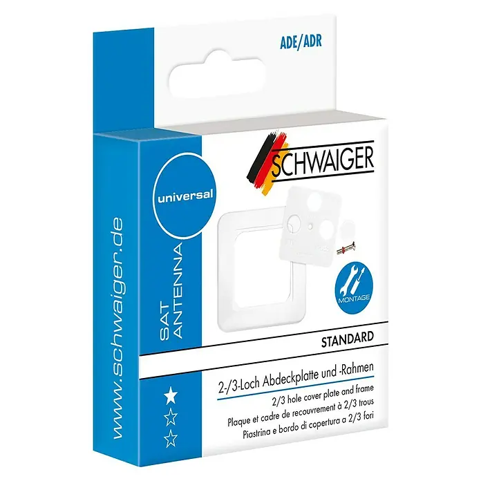 Schwaiger Antennenabdeckung - Weiß, 3-fach, Kunststoff - Verpackung einer Universal SAT Antenne von SCHWAIGER, die eine 2/3-Loch Abdeckplatte und einen Rahmen enthält.