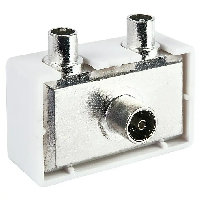 Schwaiger Aufsteckverteiler TV - 2-fach, 1 x IEC Buchse, 2 x IEC Stecker, 5 - 1.000 MHz, 6 dB - Nahaufnahme eines weißen TV-Antennenverteilers mit drei Anschlüssen für den Anschluss von Antennenkabeln.