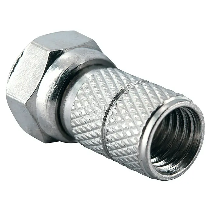 Schwaiger F-Stecker-Set Standard - 6,5 mm, 10 Stk. - Nahaufnahme eines F-Steckers aus Metall, einem Koaxialkabel-Anschluss für TV- und Satellitenanlagen.