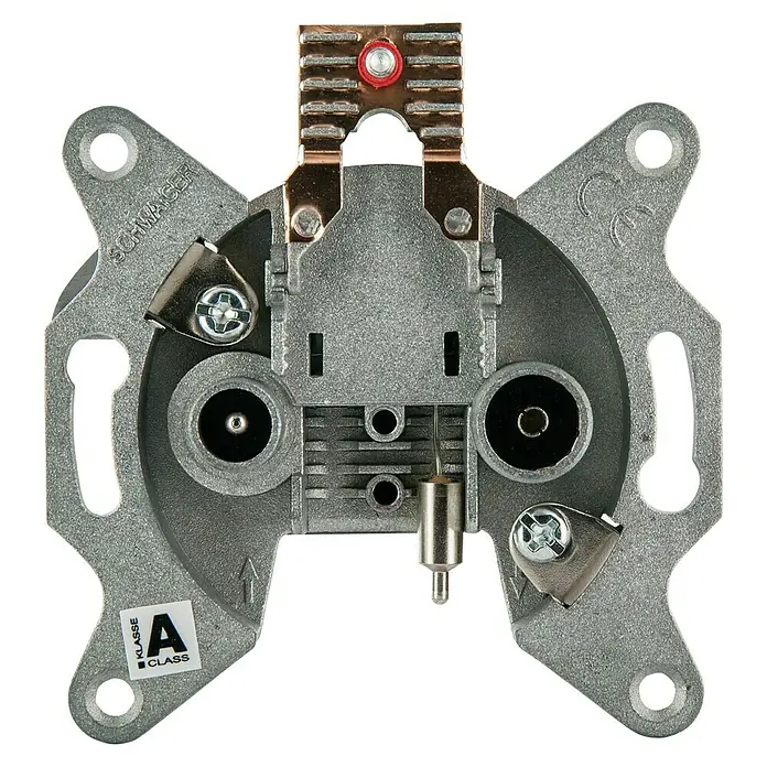 Schwaiger Antennendosen-Einsatz Durchgangsdose - 2-fach, 19 dB - Die Schwager Antennendose ist aus Metall gefertigt und hat eine A-Klasse-Zertifizierung, was hohe Qualität verspricht.