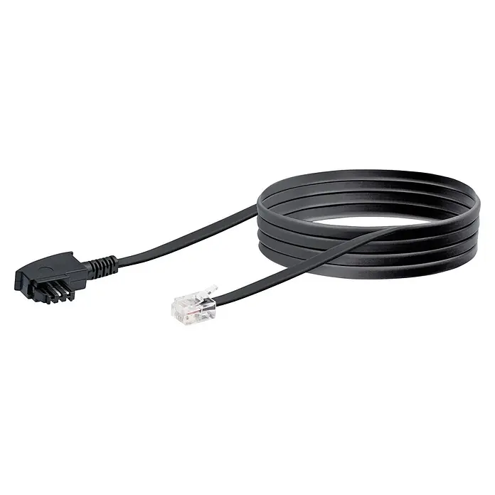 Schwaiger DSL-Anschlusskabel - 3 m, TAE-F-Stecker - Nahaufnahme eines schwarzen Flachbandkabels mit modularem Anschluss und einem seriellen Anschluss.