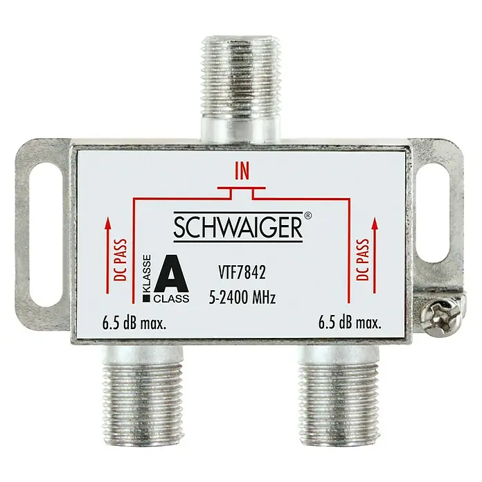 Schwaiger Verteiler - 2-fach, F-Buchse, 5 - 2.400 MHz, 6,5 dB - Ein Antennenverteiler von SCHWAIGER, Modell VTF7842, für Frequenzen von 5-2400 MHz, ideal für den Anschluss von Antennenkabeln.