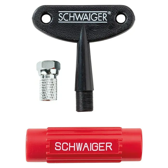 Schwaiger Montage-Set - 1 x Abisolierer, 1 x Aufdrehhilfe, 1 x Kabelaufdrehhilfe, 10 x F-Stecker - Bild eines Antenneninstallationswerkzeug-Sets von Schwaiger, bestehend aus einem Montagewerkzeug, einem Schlüssel und einem Stecker.