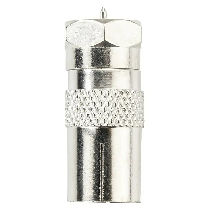 Schwaiger Adapter - F-Stecker, IEC-Buchse, 1 Stk. - Nahaufnahme eines silberfarbenen F-Steckers für Koaxialkabel.