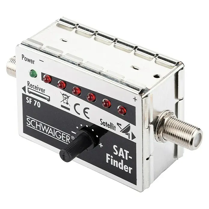 Schwaiger SAT-Finder 6+1 LED - Akustisches Feldstärkesignal, F-Buchse, 950 - 2.150 MHz - Das Bild zeigt einen Sat-Finder SF 70 von Schwaiger, ein Gerät zur Ausrichtung von Satellitenantennen mit LED-Anzeige und Drehregler.
