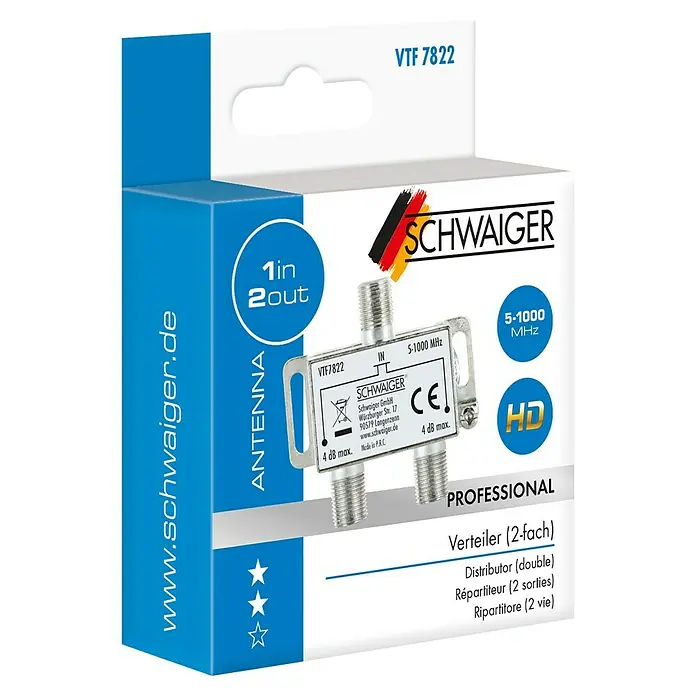 Schwaiger Verteiler - 2-fach, F-Buchse, 5 - 1.000 MHz, 4 dB - Verpackung eines Schwaiger VTF 7822 Antennenverteilers mit 1 Eingang und 2 Ausgängen für den professionellen Einsatz.