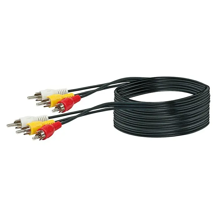Schwaiger Cinch-Kabel - 6 x Cinch-Stecker, 5 m, Schwarz, Rot/Gelb/Weiß, Geschirmt - Das Bild zeigt ein Cinch-Kabel, bestehend aus einem schwarzen Kabel mit gelben, weißen und roten Steckern, auf einem schwarzen Hintergrund.