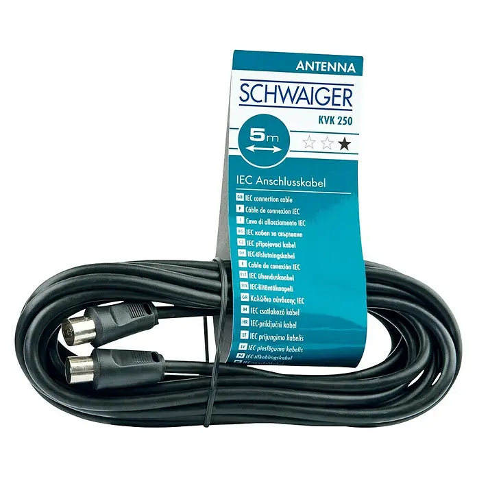 Schwaiger Koaxialkabel - 5 m, Schwarz, Schirmungsmaß: 75 dB, IEC-Stecker, IEC-Buchse - Schwaiger KVK 250 Antennenkabel, 5 Meter Länge, mit IEC-Anschluss für eine stabile Verbindung.