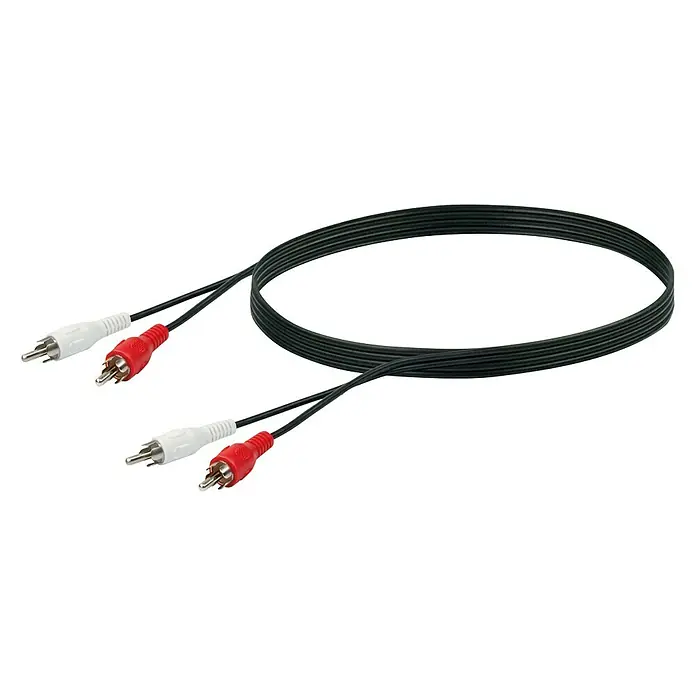 Schwaiger Audio-Verlängerungskabel - 1,5 m, 4 x Cinch-Stecker, Kabel Schwarz, Stecker Rot/Weiß - Das Bild zeigt ein RCA-Kabel mit roten und weißen Steckern, das für Audioverbindungen verwendet wird.