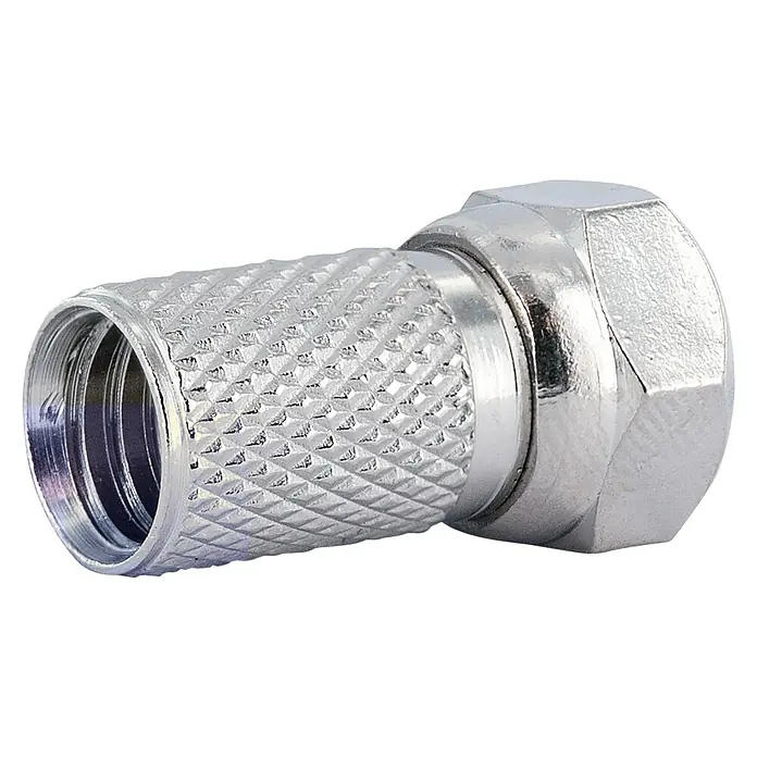 Schwaiger F-Stecker-Set Standard - 7 mm, 2 Stk. - Nahaufnahme eines glänzenden F-Steckers für Koaxialkabel, der auf einem schwarzen Hintergrund liegt.