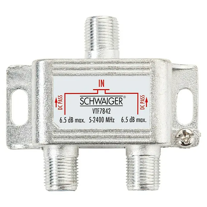 Schwaiger Verteiler - 2-fach, F-Buchse, 5 - 2.400 MHz, 6,5 dB - Silberner SCHWAIGER VTF7842 Verteiler mit Anschlüssen und Befestigungslöchern für Koaxialkabel, ideal für TV- und Satellitenanlagen.