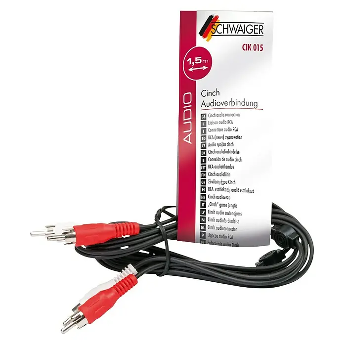 Schwaiger Audio-Verlängerungskabel - 1,5 m, 4 x Cinch-Stecker, Kabel Schwarz, Stecker Rot/Weiß - Abgebildet ist ein Cinch-Audiokabel von Schwaiger CIK 015 mit rot-weißen Steckern, das für hochwertige Audioverbindungen sorgt.