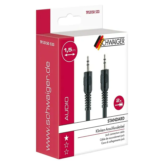 Schwaiger Audio-Kabel - 2 x Klinkenstecker 3,5 mm, Schwarz, Länge: 1,5 m - Nahaufnahme der Verpackung eines schwarzen 1,5-Meter-Klinken-Anschlusskabels von Schwaiger, ideal für Audioverbindungen.