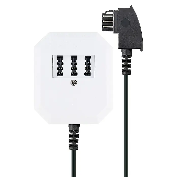 Schwaiger Telefon-Anschlussverteiler TAE - 4-fach, 0,2 m - Produktansicht eines weißen LED-Controllers mit Anschlüssen und schwarzem Stromkabel. Geeignet für LED-Beleuchtungssysteme.