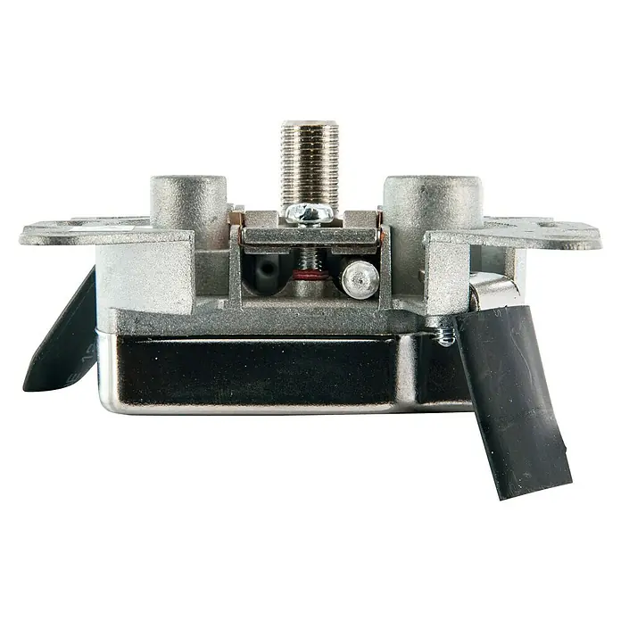 Schwaiger Antennendosen-Einsatz Breitband Durchgangsdose - 3-fach, 16 dB - 19 dB - Nahaufnahme einer Antennenweiche mit mehreren Anschlüssen und einem Schraubmechanismus in der Mitte.