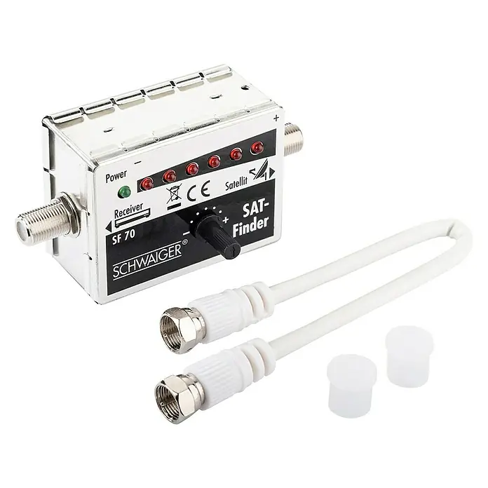 Schwaiger SAT-Finder 6+1 LED - Akustisches Feldstärkesignal, F-Buchse, 950 - 2.150 MHz - Das Bild zeigt einen digitalen Satelliten-Finder SF 70 von Schwaiger mit Zubehör, ideal zum Ausrichten von Satellitenantennen.