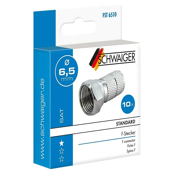 Schwaiger F-Stecker-Set Standard - 6,5 mm, 10 Stk. - Bild einer Packung mit 10 F-Steckern von Schwaiger, geeignet für SAT-Anschlüsse mit einem Durchmesser von 6,5 mm.