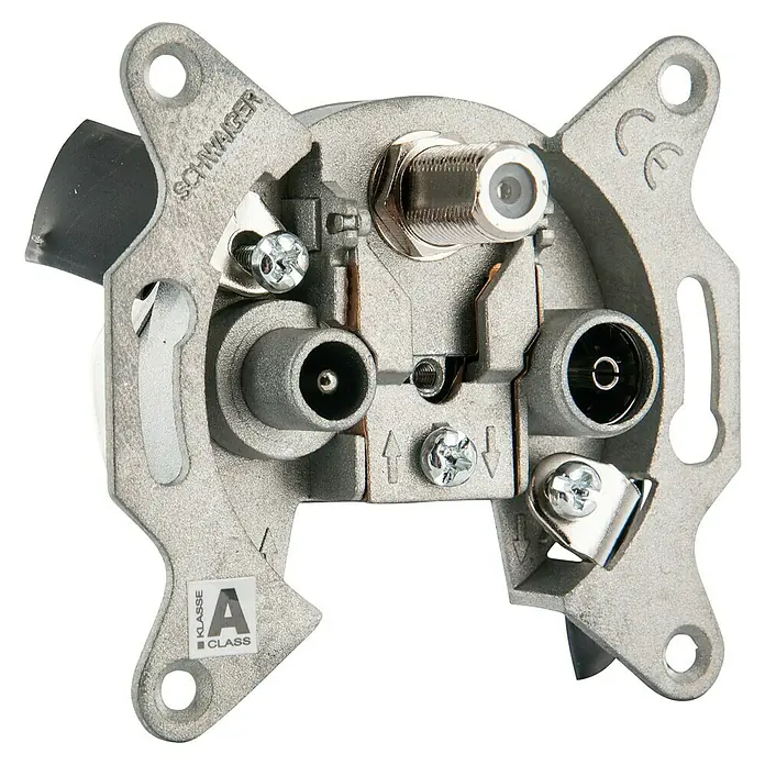 Schwaiger SAT-Antennendosen-Einsatz Einzel- oder Stichleitungsdose - 3-fach, 2,5 dB - 5,5 dB - Antennensteckdose von Schwaiger mit F-Stecker, Koax- und IEC-Anschlüssen. Solide Konstruktion für optimalen Empfang.