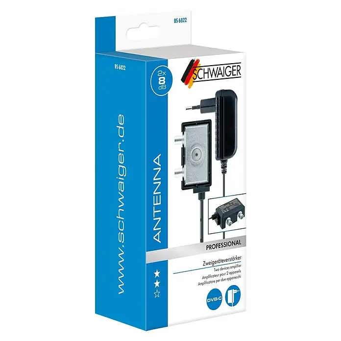 Schwaiger Zwei-Geräteverstärker - 47 - 862 MHz, 2 x 8 dB, Kabellänge: 1,5 m - Produktverpackung des Antennenverstärkers der Marke Schwaiger.