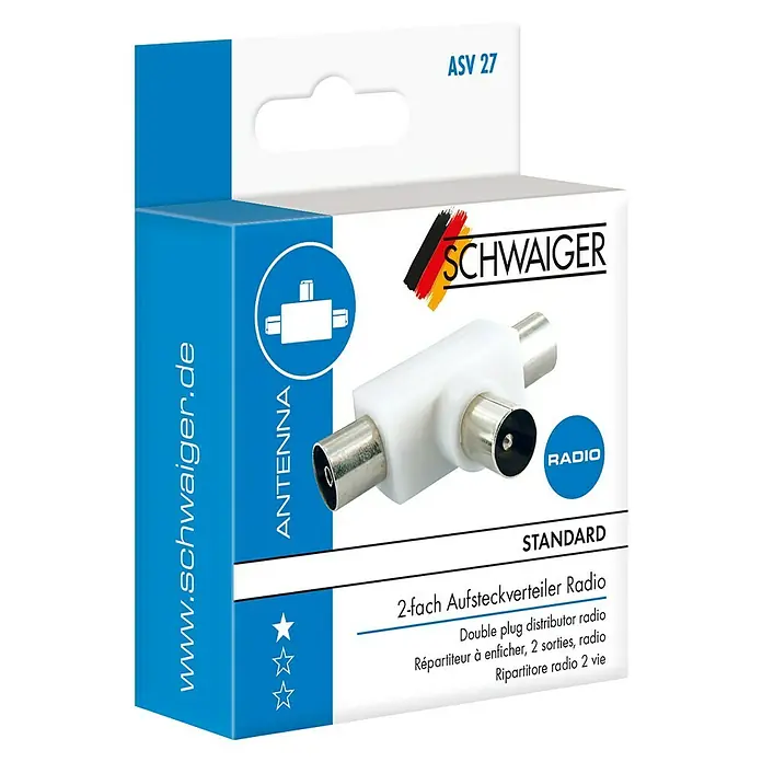 Schwaiger Aufsteckverteiler Radio - 2-fach, 1 x IEC Stecker, 2 x IEC Buchse, 5 - 1.000 MHz - Produktverpackung für einen 2-fach Aufsteckverteiler von Schwaiger für Radio-Antennen mit Produktdetails und Markenlogo.