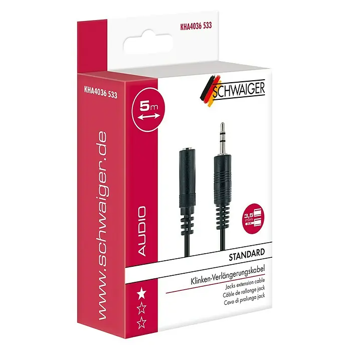 Schwaiger Audio-Verlängerungskabel - Klinkenstecker 3,5 mm, Länge: 5 m - Produktverpackung eines 3,5-mm-Klinken-Verlängerungskabels der Marke Schwaiger, 5 Meter lang, für Audioanwendungen in Standardqualität.
