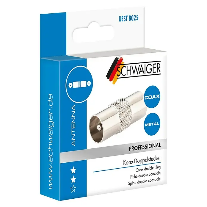 Schwaiger Koax-Verbinder - IEC-Stecker, Metall, Vernickelt, 1 Stk. - Abbildung der Verpackung eines Koax-Doppelsteckers von SCHWAIGER, einem professionellen Antennenanschluss aus Metall für Koaxialkabel.