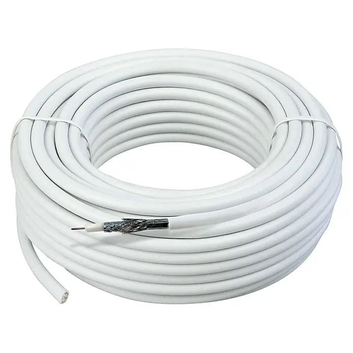 Schwaiger Koaxialkabel - 40 m, Weiß, Schirmungsmaß: 110 dB - Eine Rolle weißes Koaxialkabel, perfekt für den Anschluss von Antennen und TV-Geräten. Das Kabel ist aufgerollt und bereit für die Installation.