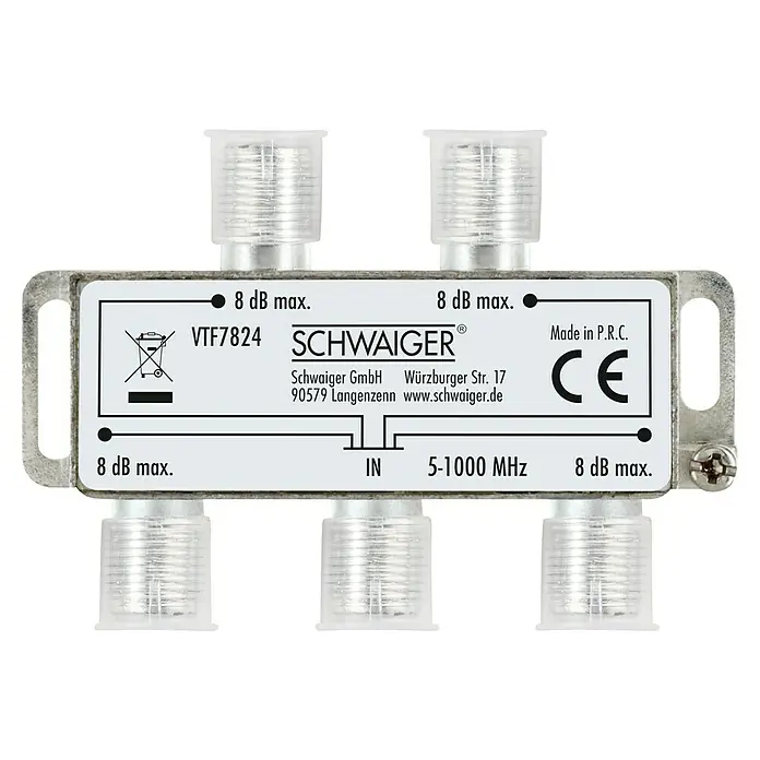 Schwaiger Verteiler - 4-fach, F-Buchse, 5 - 1.000 MHz, 8 dB - Nahaufnahme eines Schwaiger VTF7824 Antennenverteilers mit sechs Anschlüssen und einer Frequenz von 5-1000 MHz.