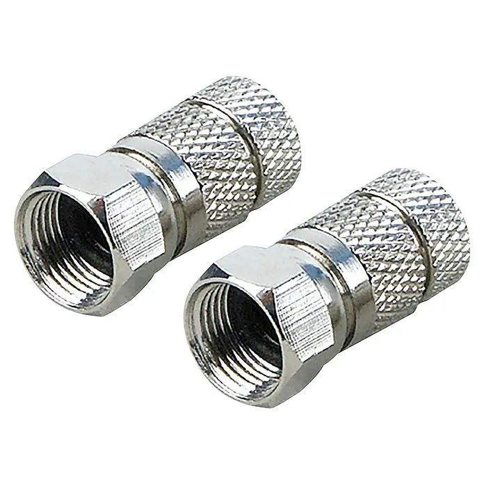 Schwaiger F-Stecker mit Dichtung HQ - Durchmesser: 7 mm, 2 Stk. - Nahaufnahme von zwei F-Steckern, die für Koaxialkabel verwendet werden, mit Gewindeenden und gerändelten Gehäusen.