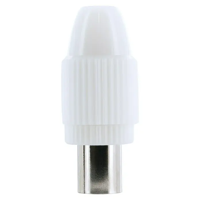 Schwaiger Koax-Stecker - IEC-Stecker, Kunststoff, Schraubbare Innenleiter, 1 Stk. - Das Bild zeigt einen weißen Koaxialkabel-Stecker mit einem metallischen Anschluss, der für eine sichere Verbindung sorgt.
