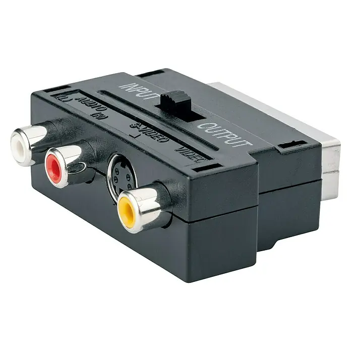 Schwaiger Videoadapter - 3 x Cinch-Kupplung, 1 x Scart-Stecker, 1 x S-Video-Kupplung - Nahaufnahme eines SCART-Adapters mit Cinch- und S-Video-Anschlüssen, hervorgehoben für seine vielseitige Konnektivität.