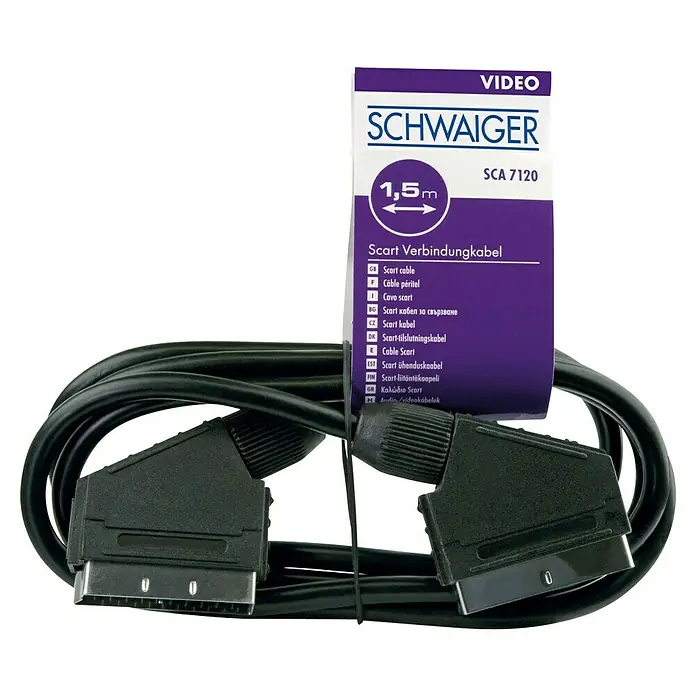 Schwaiger Scart-Kabel - Länge: 1,5 m, Schwarz, 6,8 mm - Nahaufnahme eines schwarzen Scart-Verbindungskabels von SCHWAIGER, das für Videoanwendungen entwickelt wurde und eine Länge von 1,5 m hat.