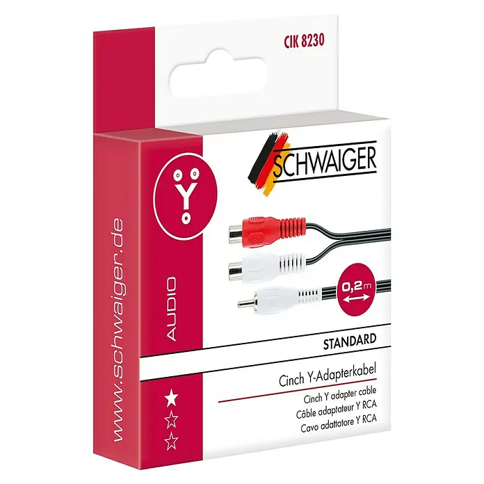 Schwaiger Audio-Adapter - 2 x Cinch-Buchse, 1 x Cinch-Stecker, 20 cm - Abbildung der Verpackung eines Schwaiger Cinch Y-Adapterkabels, das eine zuverlässige Audioverbindung für Standardanwendungen bietet.