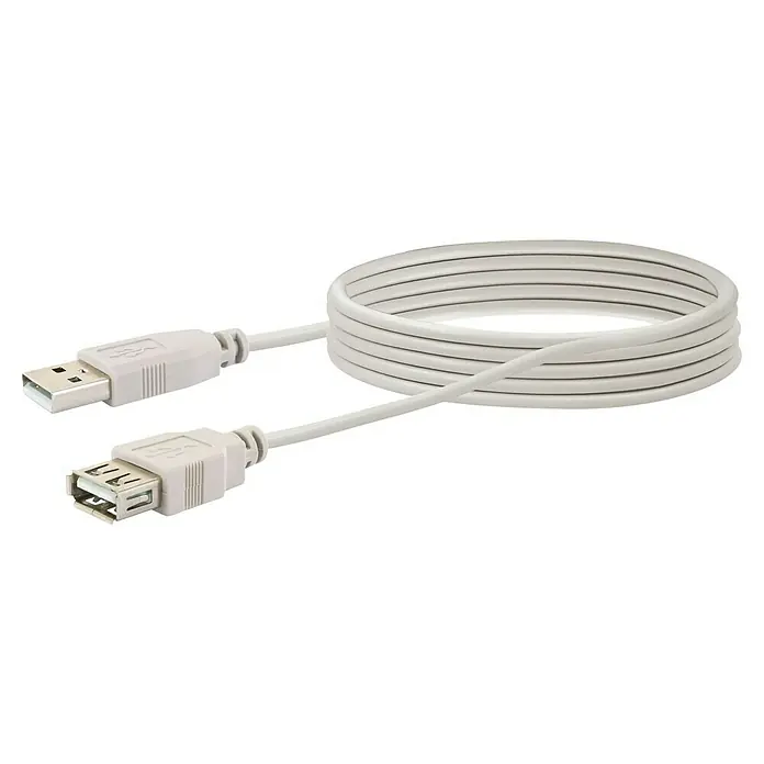 Schwaiger USB-Verlängerungskabel 2.0 - Länge: 2 m, USB-A-Buchse, Hellgrau - Ein weißes USB-Verlängerungskabel mit einem USB-A-Stecker und einer USB-A-Buchse. Ideal, um die Reichweite Ihrer USB-Geräte zu vergrößern.