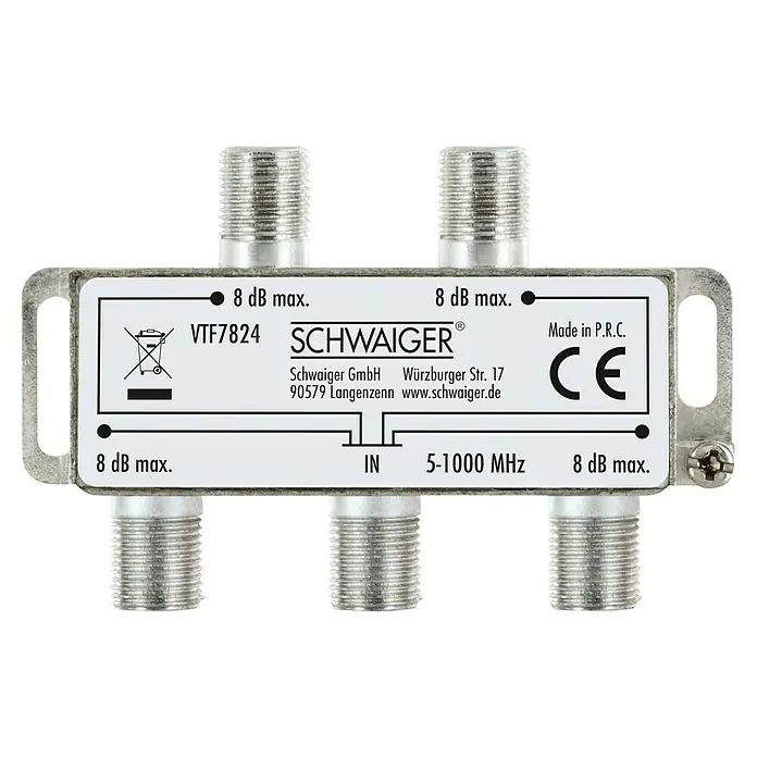 Schwaiger Verteiler - 4-fach, F-Buchse, 5 - 1.000 MHz, 8 dB - Abbildung eines Schwaiger VTF7824 Antennenverteilers für den Innenbereich.