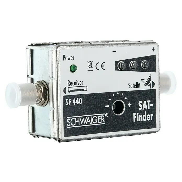 Schwaiger SAT-Finder 3+1 LED - F-Buchse, 950 - 2.150 MHz - Nahaufnahme eines Sat-Finders SF 440 von SCHWAIGER zur Signaloptimierung. Praktisches Gerät für Satellitenanlagen mit LED-Anzeige.