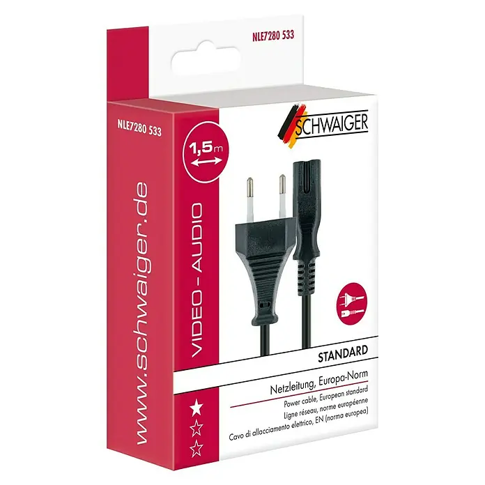 Schwaiger Netzkabel - Schwarz, 1 x Kaltgerätebuchse - Verpackung eines Schwaiger Netzkabels Europa-Norm mit Eurostecker und Kleeblattstecker für Video- und Audiogeräte, 1,5m Länge.
