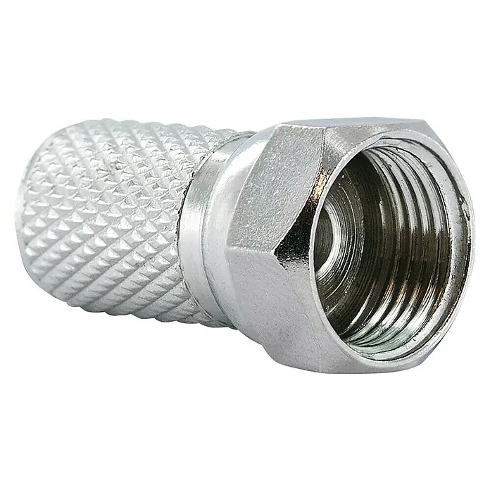 Schwaiger F-Stecker-Set Standard - 7 mm, 2 Stk. - Nahaufnahme eines silbernen F-Steckers mit Gewinde, der zur Verbindung von Koaxialkabeln verwendet wird, ideal für TV- und Satellitenanschlüsse.