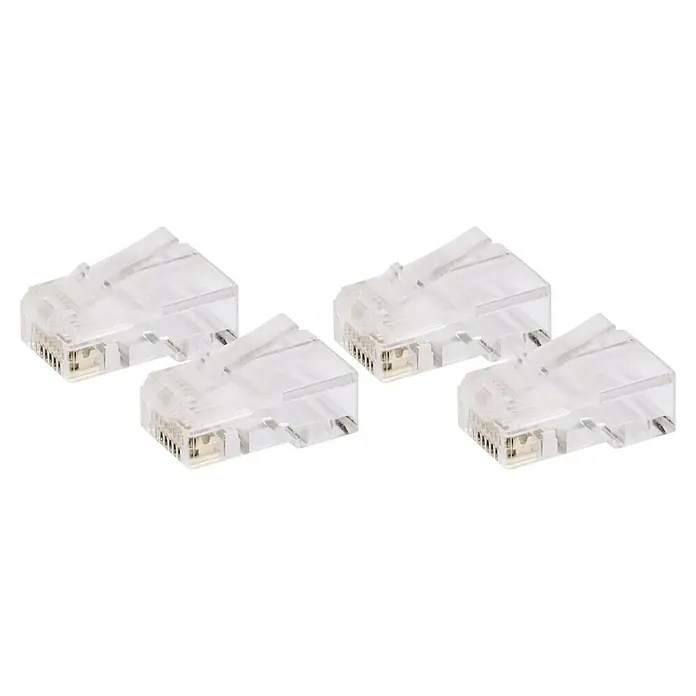 Schwaiger Netzwerk-Stecker - RJ45-Stecker, Transparent, 4 Stk. - Nahaufnahme von vier RJ45-Steckern, die für Ethernet-Kabel verwendet werden, auf schwarzem Hintergrund.