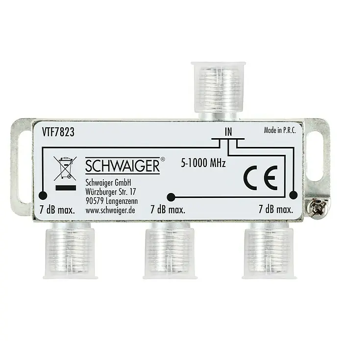 Schwaiger Verteiler - 3-fach, F-Buchse, 5 - 1.000 MHz, 7 dB - Produktansicht des VTF7823 Antennenverteilers von Schwaiger, der Frequenzen von 5-1000 MHz unterstützt und eine maximale Dämpfung von 7 dB aufweist.