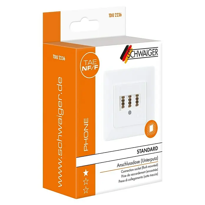 Schwaiger TAE-Anschlussdose NF/F - Weiß, Kunststoff, Unterputz - Verpackung einer TAE NF/F Anschlussdose von Schwaiger für den Telefonanschluss, zur Unterputzmontage.