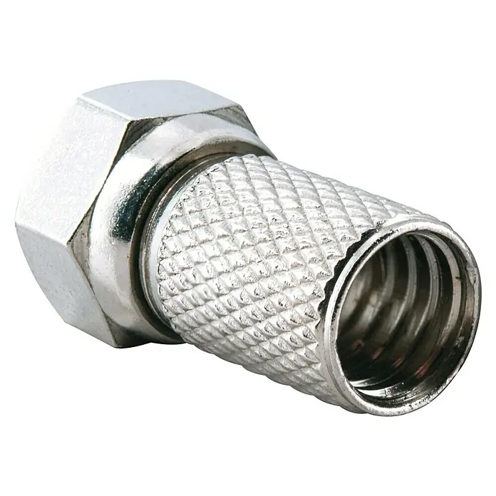 Schwaiger F-Stecker-Set Standard - 7 mm, 2 Stk. - Nahaufnahme eines F-Steckers für Koaxialkabel, glänzend und detailliert.