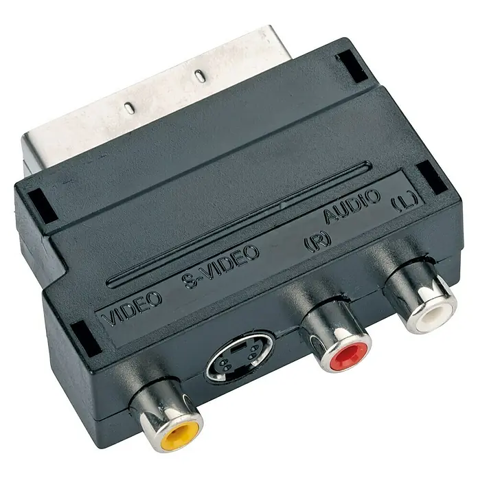 Schwaiger Videoadapter - 3 x Cinch-Kupplung, 1 x Scart-Stecker, 1 x S-Video-Kupplung - SCART-Adapter mit Cinch- und S-Video-Anschlüssen, ideal für ältere Geräte. Kompaktes Design für einfache Verbindung von Video- und Audioquellen.