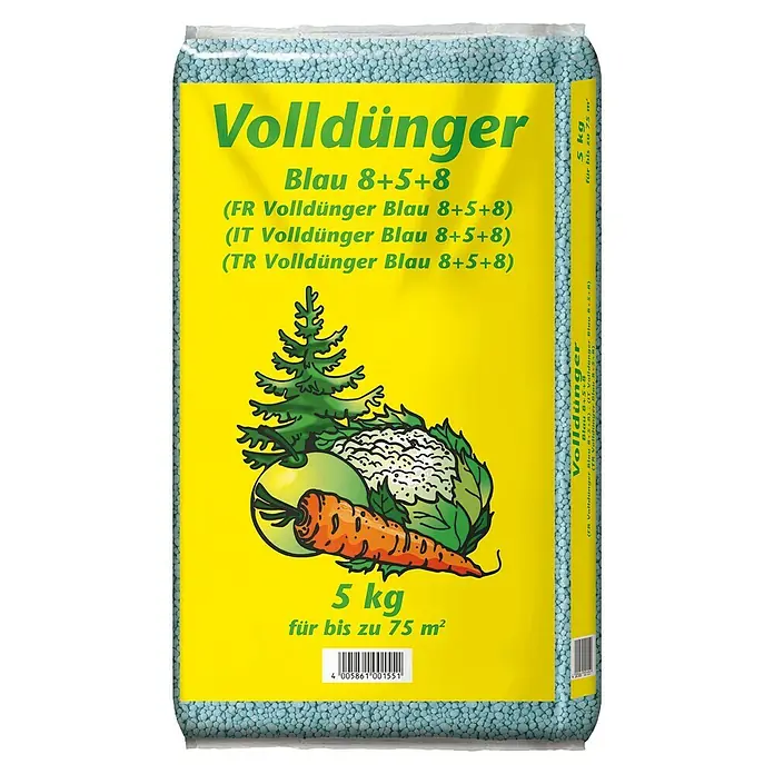 Blaudünger - 5 kg, Max. Anwendungsfläche: 75 m² - Abbildung einer 5kg Packung Volldünger Blau 8+5+8, ein Mehrnährstoffdünger für den Gartenbau, mit Gemüse- und Baummotiv auf gelbem Grund.