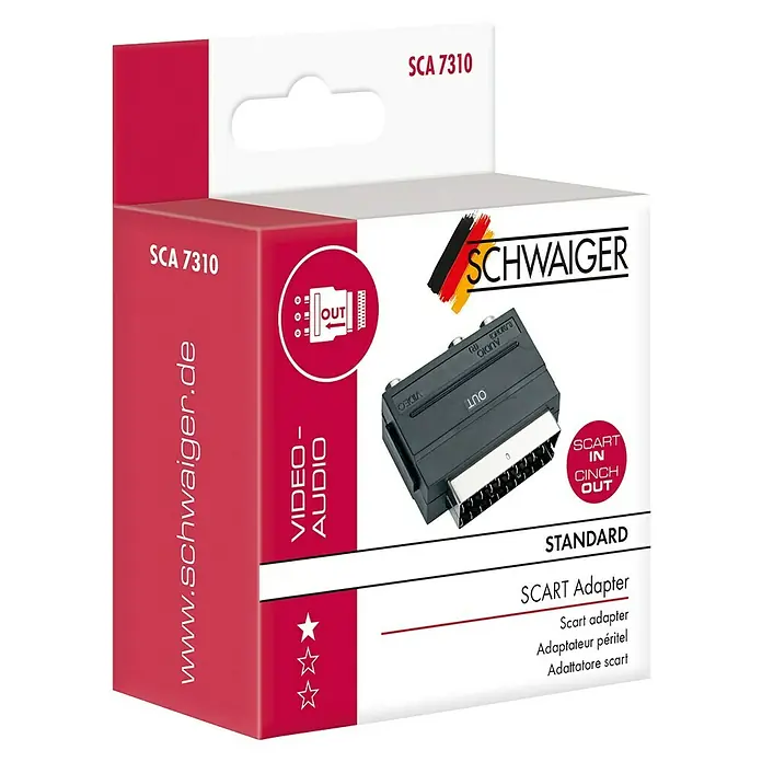 Schwaiger Video-AV-Adapter OUT - 1 x Scart-Stecker, 3 x Cinch-Kupplung - Abbildung einer Verpackung für einen Scart-Adapter SCA 7310 von Schwaiger, der Video- und Audioübertragung ermöglicht.
