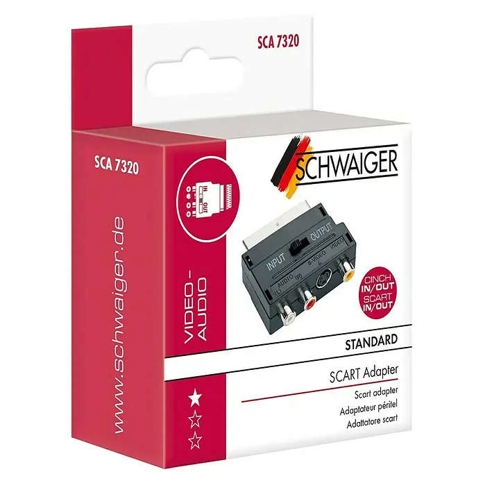 Schwaiger Videoadapter - 3 x Cinch-Kupplung, 1 x Scart-Stecker, 1 x S-Video-Kupplung - Verpackung eines Scart-Adapters der Marke Schwaiger, Modell SCA 7320, mit Anschlüssen für Audio und Video.