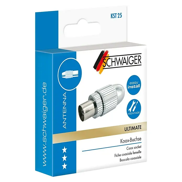 Schwaiger Koax-Steckbuchse - Kunststoff, Schraubbare Innenleiter - Abbildung einer Verpackung einer Koax-Buchse von Schwaiger, geeignet für Antennen, mit der Aufschrift "Ultimate" und "easy install".