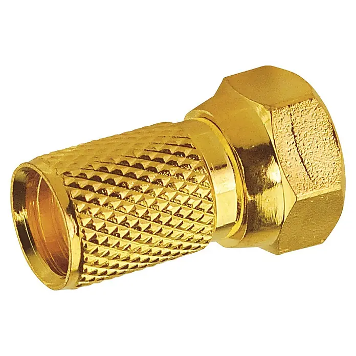 Schwaiger F-Stecker Professional - Durchmesser: 7 mm, Vergoldet, 1 Stk. - Nahaufnahme eines vergoldeten F-Steckers für Koaxialkabel, der für eine sichere und zuverlässige Verbindung sorgt.