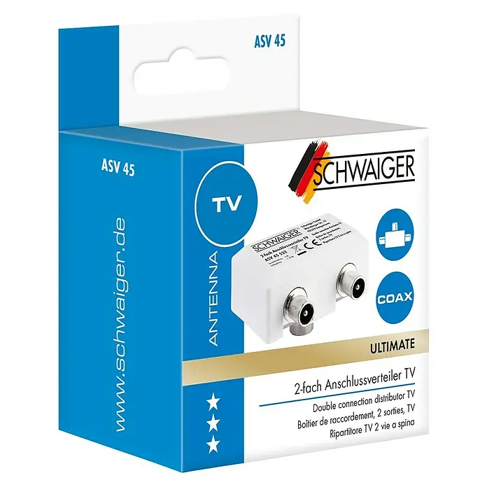 Schwaiger Aufsteckverteiler TV - 2-fach, 1 x IEC Buchse, 2 x IEC Stecker, 5 - 1.000 MHz, 6 dB - Verpackung des 2-fach Anschlussverteilers TV ASV 45 von Schwaiger für den Anschluss von zwei Geräten an eine Antenne.